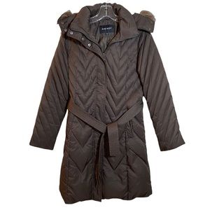 Nine West Chocolate Brown Down Feather Coat with Zip up, belt and removable hood